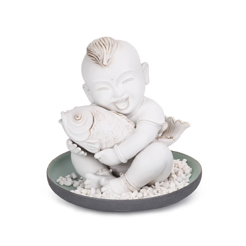 萬(wàn)仟堂（Edenus）陶瓷雕塑藝術(shù)品擺件可愛(ài)人物擺件客廳家居裝飾擺件年年有魚(yú) 懷古豆?jié){釉，盤(pán)古綠+黑鐵