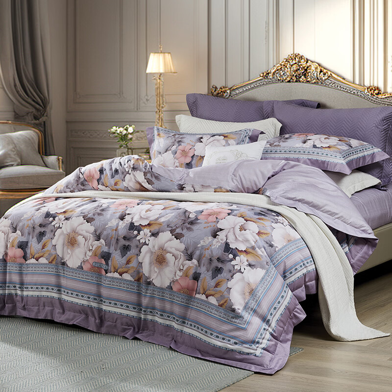 富安娜家纺四件套纯棉床单被套100%棉双人四件套  静享花开 1.5米床 床单款 （被套203*229cm）