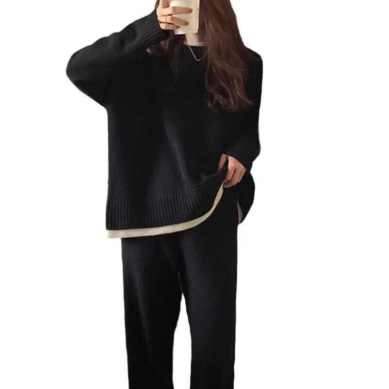 高品质秋季新款假两件毛衣阔腿裤女士两件套运动休闲时尚套装 卡其 L