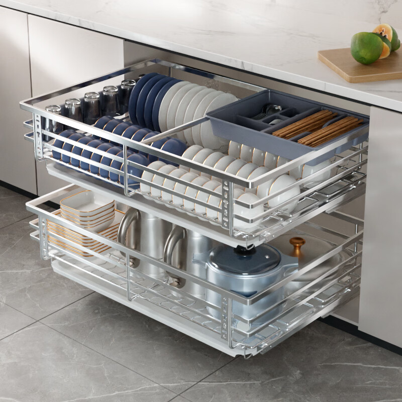 华帝（VATTI）橱柜拉篮厨房碗篮抽屉式碗碟架调味调料碗柜拉篮收纳架304不锈钢 【304不锈钢】600柜 大容量接水盘碗碟篮+平篮套装