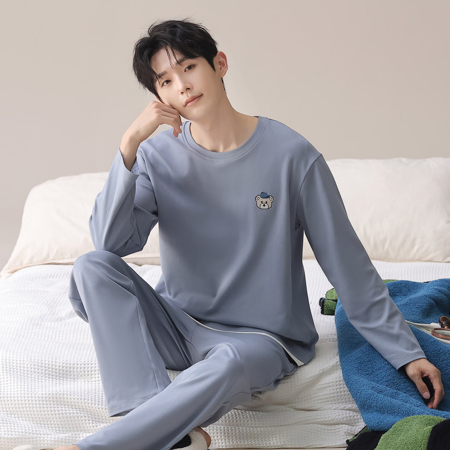 芬腾可安(FENTENGCARE)睡衣男士纯棉2026年春款休闲运动可外穿家居服套装 灰蓝 L