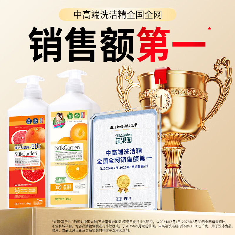 蔬果园洗洁精 食品用A类 果蔬清洗剂 天然去农残去油不伤手洗碗液洗涤灵 【橘彩+红柚】1.28kg*2瓶