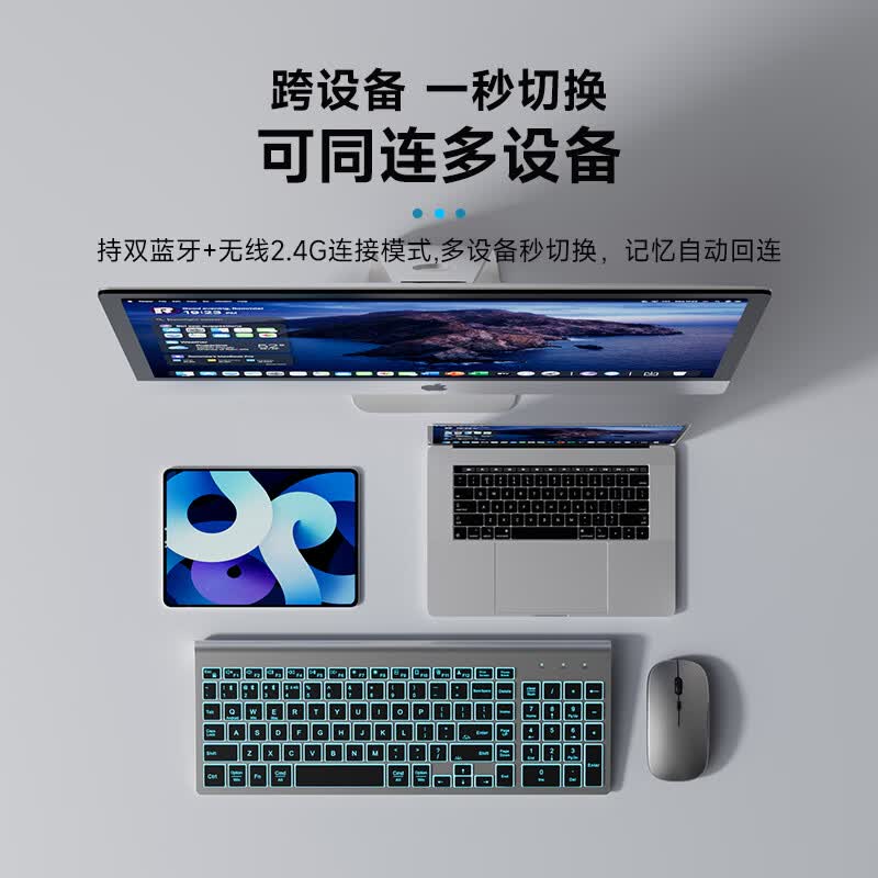 梦族无线蓝牙发光键盘鼠标套装双模静音笔记本台式电脑办公游戏打字手感好便携超薄可充电键鼠套装外设 黑色背光版【单键盘】三模连接+静音按键+超长续航