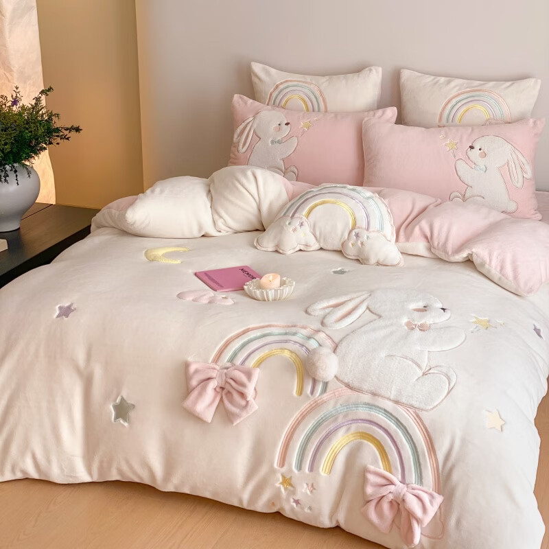 ROLAND LIVE秋冬加厚牛奶绒四件套儿童卡通保暖绒被套床单女孩床上用品三件套 JM 牛奶绒套件-彩虹兔【送同款抱枕】 小号 床单款 【被套150*200cm】