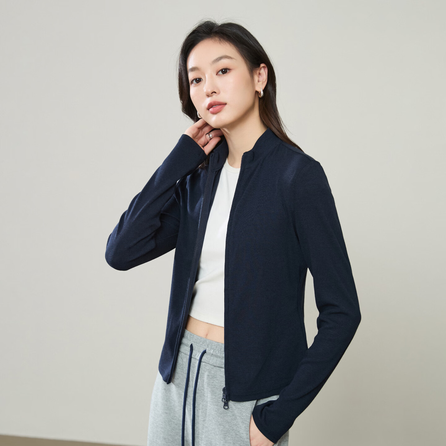 逸阳（ESE-Y）正肩双开拉链卫衣外套女26年春新款修身显瘦短款长袖上衣T恤 藏青色 L