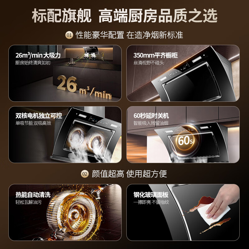 夏新（Amoi）侧吸油烟机家用双电机大吸力排油烟机壁挂式吸烟机 挥手体感丨热能自动清洗丨一级能效丨变频省电 标配/75五键触屏/自动清洗 自行安装