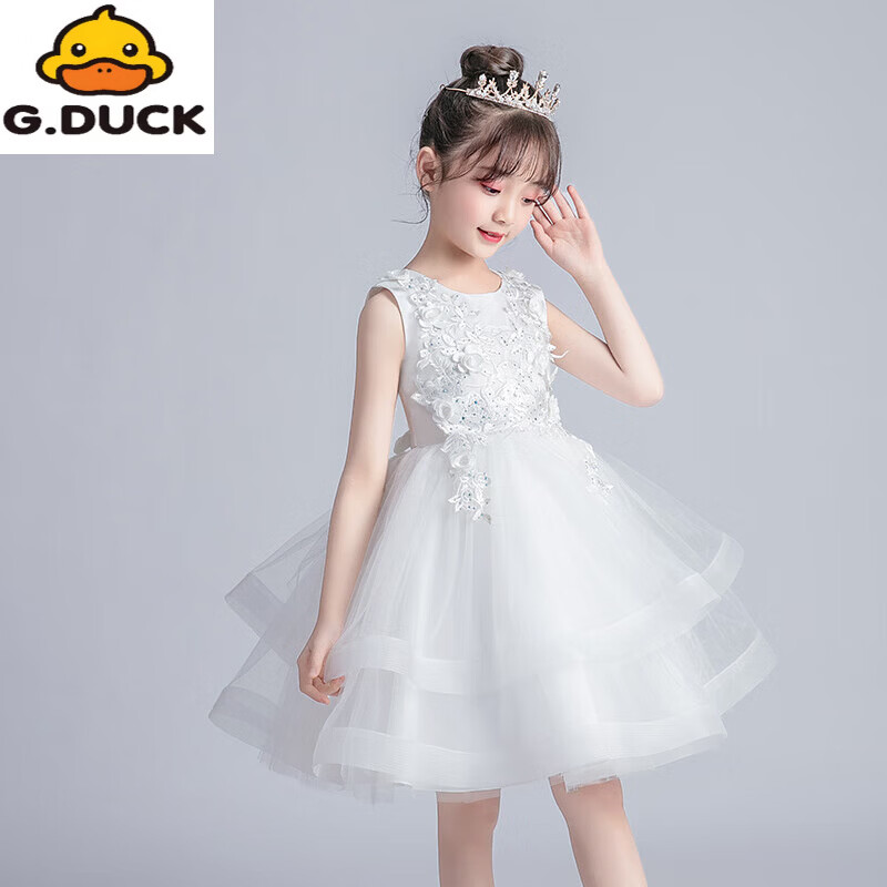 G.duck儿童礼服公主裙夏装花童生日走秀六一演出服蓬蓬沙蛋糕裙女连衣裙 白色 160 cm