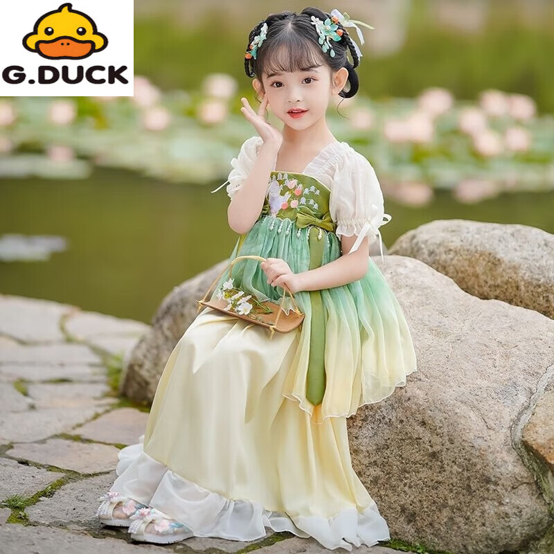 G.duck中国风儿童汉服襦裙超仙夏季连衣裙女孩公主裙儿童古风古装演出服 遥清儿童汉服连衣裙(收藏送礼品) 120