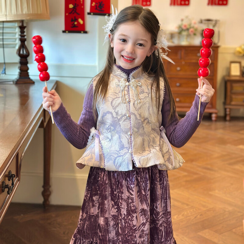 栀了成长记童装女童国风夹棉唐装马甲2025冬季儿童新中式无袖上衣 马甲 100