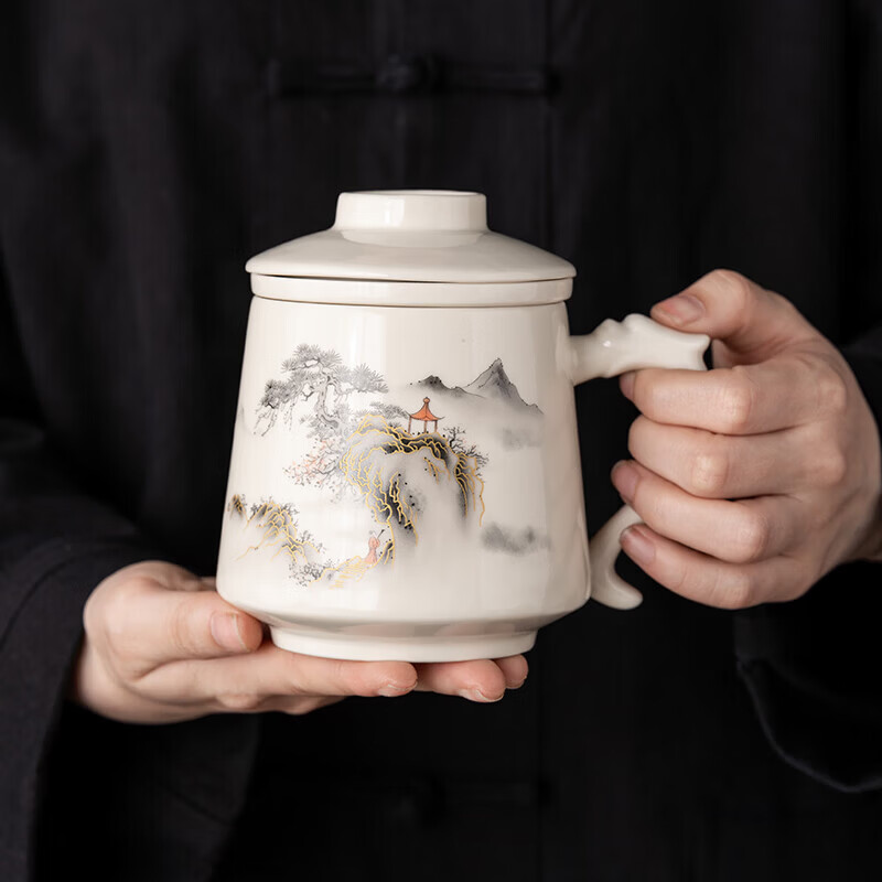 韵化茶杯茶水分离陶瓷个人专用马克水杯高档办公杯公司活动商务伴手礼 草木灰【鱼跃】龙把办公杯三件套