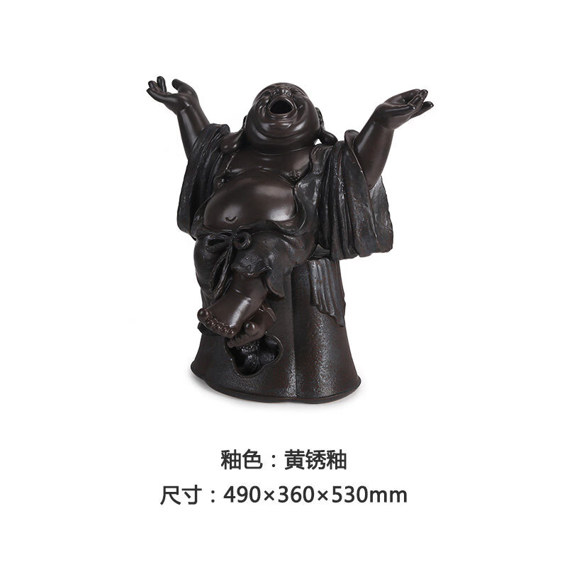 萬仟堂(Edenus)陶瓷雕塑彌勒佛手工雕塑海棠座擺件家居藝術陳設品心生歡喜 黃銹釉