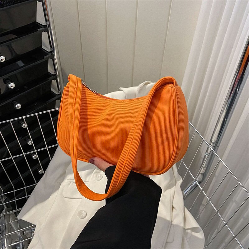 【优选百货】休闲条绒女包2023春夏潮新款腋下包简约百搭网红法棍 橘色 24*6*15 京东折扣/优惠券