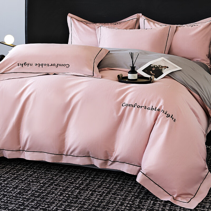 水星家纺床上四件套纯棉高端轻奢A类被套罩长绒棉贡缎床单床笠款床品 奶茶+浅灰 1.8m 床笠款 被套加大四件套 【被套220x240cm】