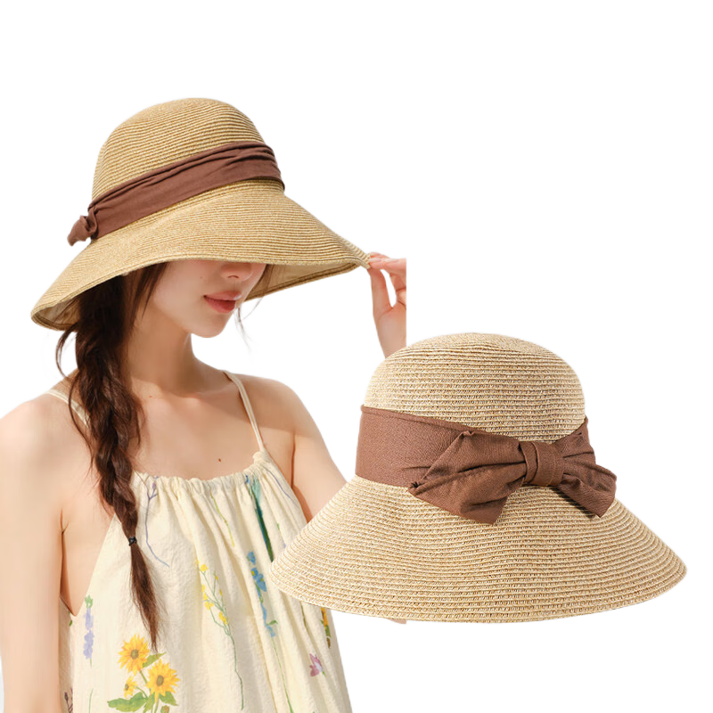 CACUSS草帽女夏沙灘大帽檐帽子防曬遮陽帽蝴蝶結(jié)漁夫帽戶外太陽帽 咖色_（時尚質(zhì)感） M (56-58cm)