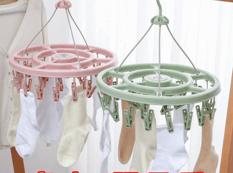 【厂家直供】成人袜子晾晒塑料32衣架防风儿童家用多功能架子多夹 圆形衣架-粉色-18夹-1个