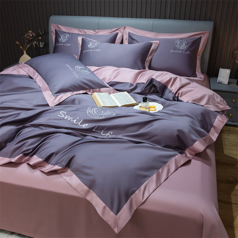 水星系列家纺A类长绒棉纯棉四件套100%全棉轻奢高级感裸睡床单被套床上用品笠 月光紫+豆沙红 240支 A类长绒棉 1.8M 床单款 （被套200*230cm）