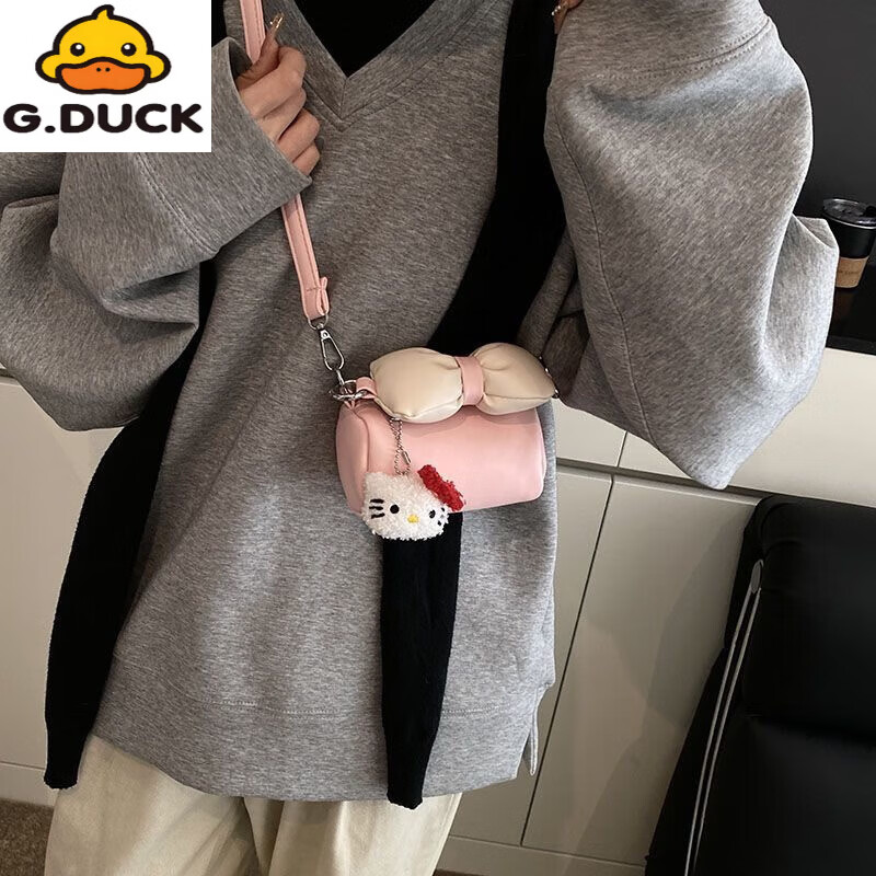 G.duck新款韩版儿童包女童红色蝴蝶结拜年水桶包可爱猫咪女孩公主斜挎包 白色