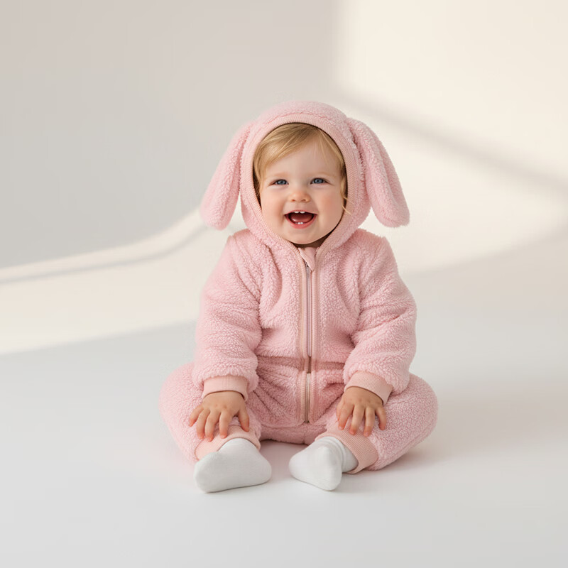 小猪大卫 PECODAVID可爱耳朵连体衣秋冬毛绒婴幼儿爬服保暖居家外出服 浅粉小兔 100cm