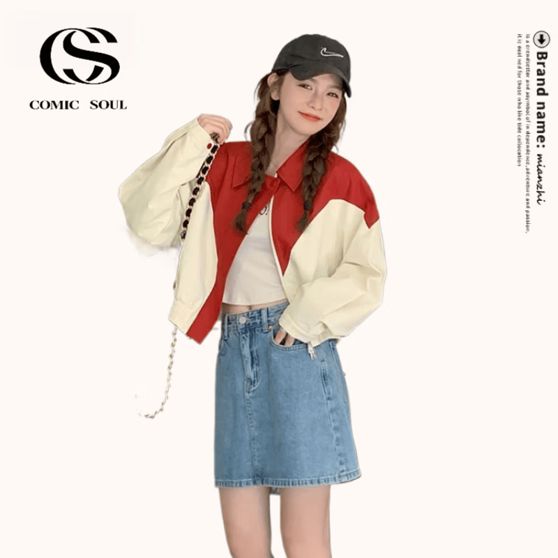 COMIC SOUL洋气减龄撞色棒球服短外套女春秋2026新款小个子夹克上衣 红拼奶白 S 建议80-95斤