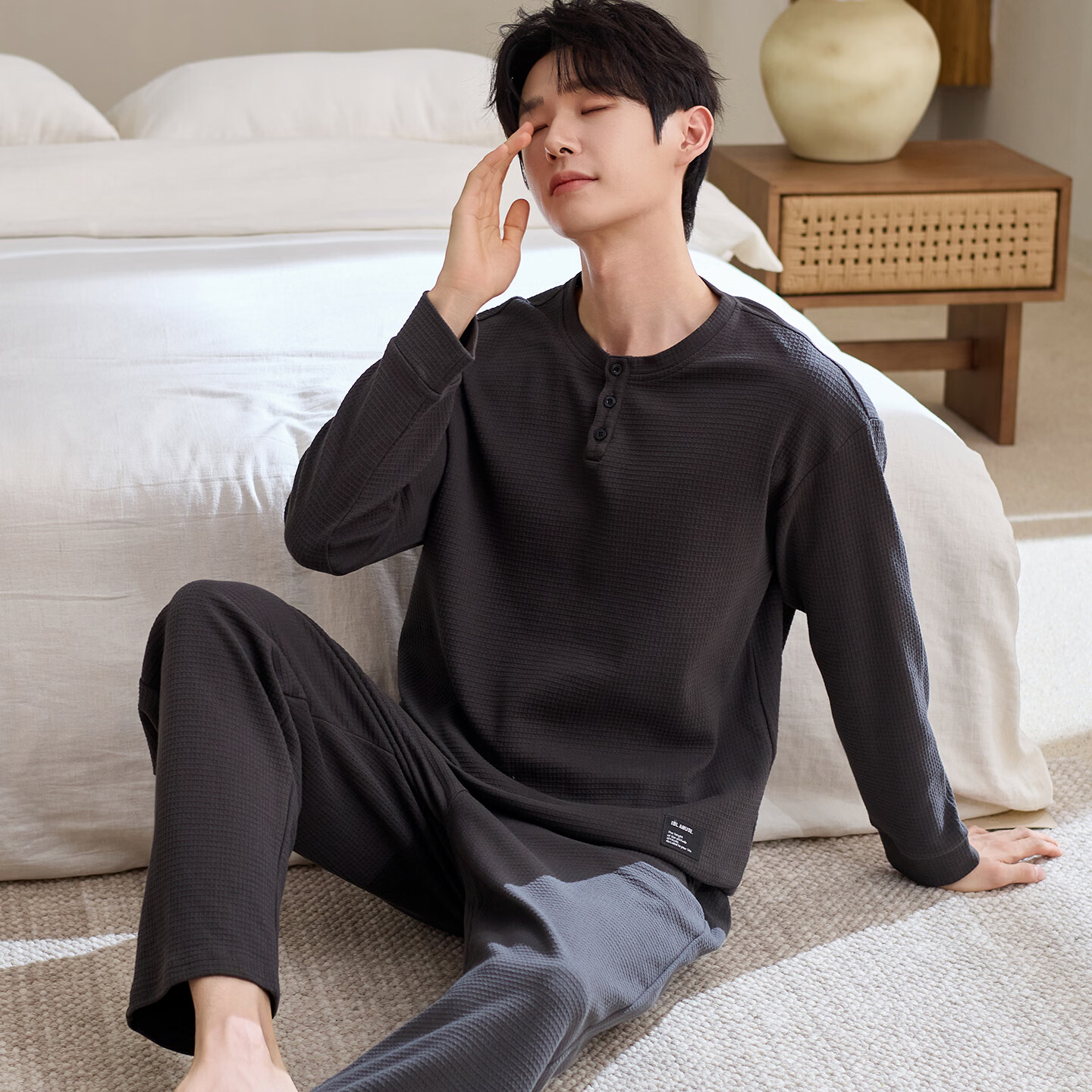 莫代爾睡衣男春秋季華夫格純棉長(zhǎng)袖長(zhǎng)褲大碼青少年可外穿休閑家居服套裝 黑色-66830 3XL 【推薦170-200斤】