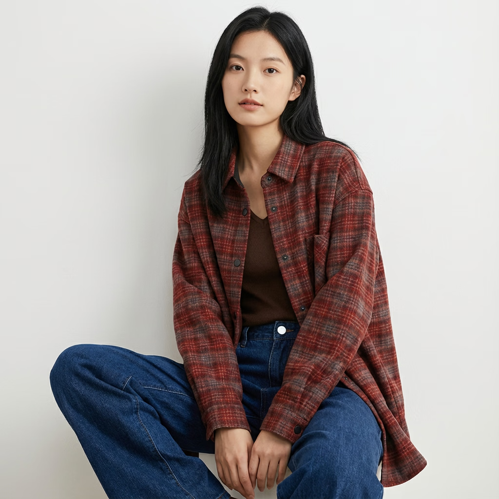 KEFENGE【小敏专属】磨毛加厚格子衬衫男女长袖秋冬装新款保暖加厚511021 咖格色 均码