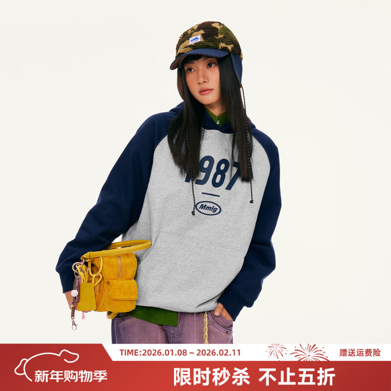 Mmlg 87mm 2025年新款插肩袖连帽卫衣女撞色拼接1987经典logo情侣上衣 藏青色 S