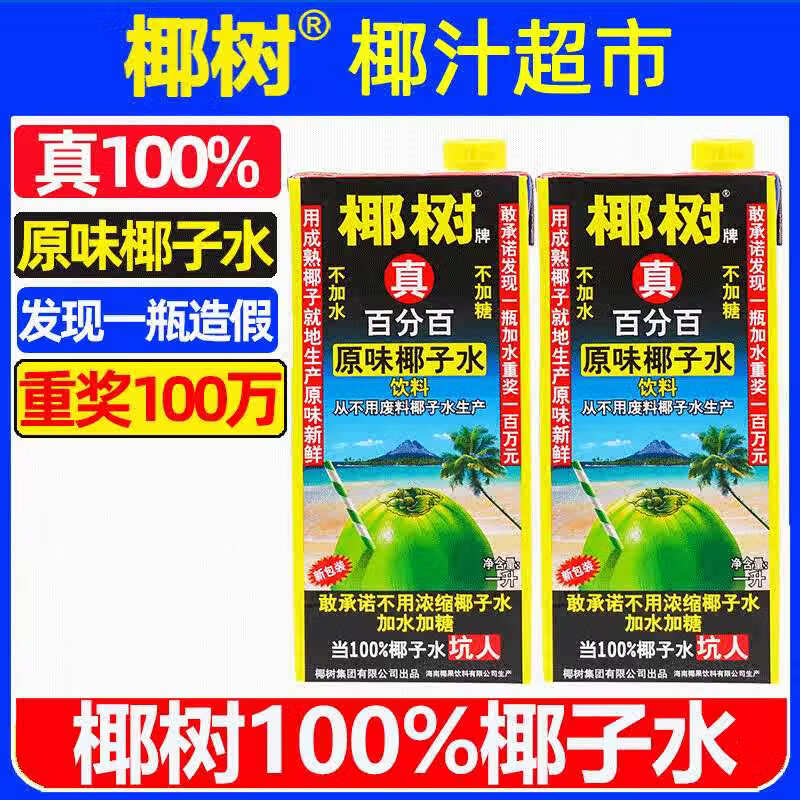 椰树植物饮料 1L椰子水椰子代餐年货超市喝的特产饮料 椰树百分百纯椰子水1L*2盒（无糖）