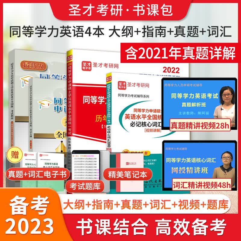 2024同等学力申硕申请硕士学位英语水平全国统一考试大纲指南第六版6版+历年真题及模拟试题含2022年真题详解+词汇+视频 圣才 4本 大纲+指南+真题2022版+词汇