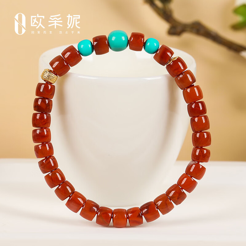 欧采妮(OUCERNY)南红手串天然凉山18k金五条轮珠牛血红火焰纹玛瑙直切绿松diy手链 天然南红 一物一证