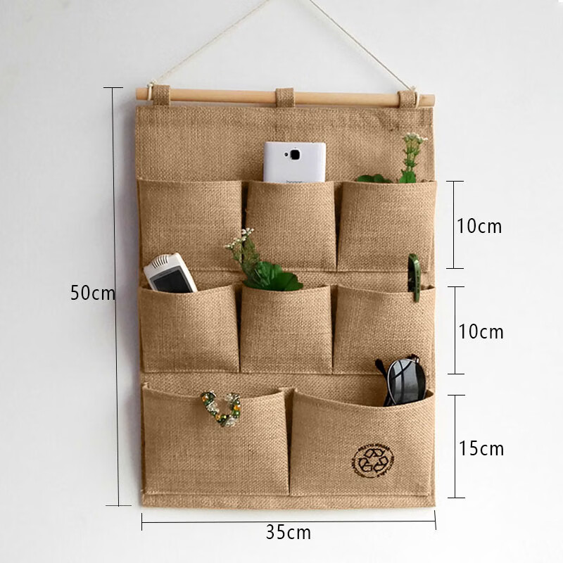 布艺多层储物袋黄麻怀旧复古收纳袋宿舍门后床头衣柜壁挂式整理袋 黄麻邮章三兜