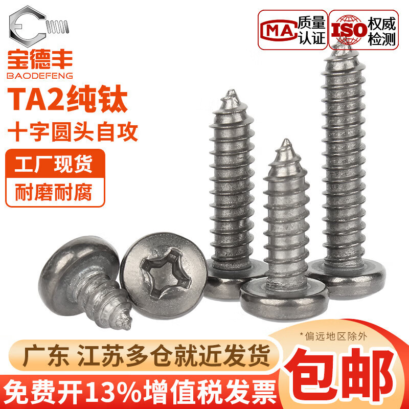 宝德丰国标TA2纯钛圆头十字自攻螺丝钛合金加长盘头电子螺钉M3M4M5M6 M3x6(5只)