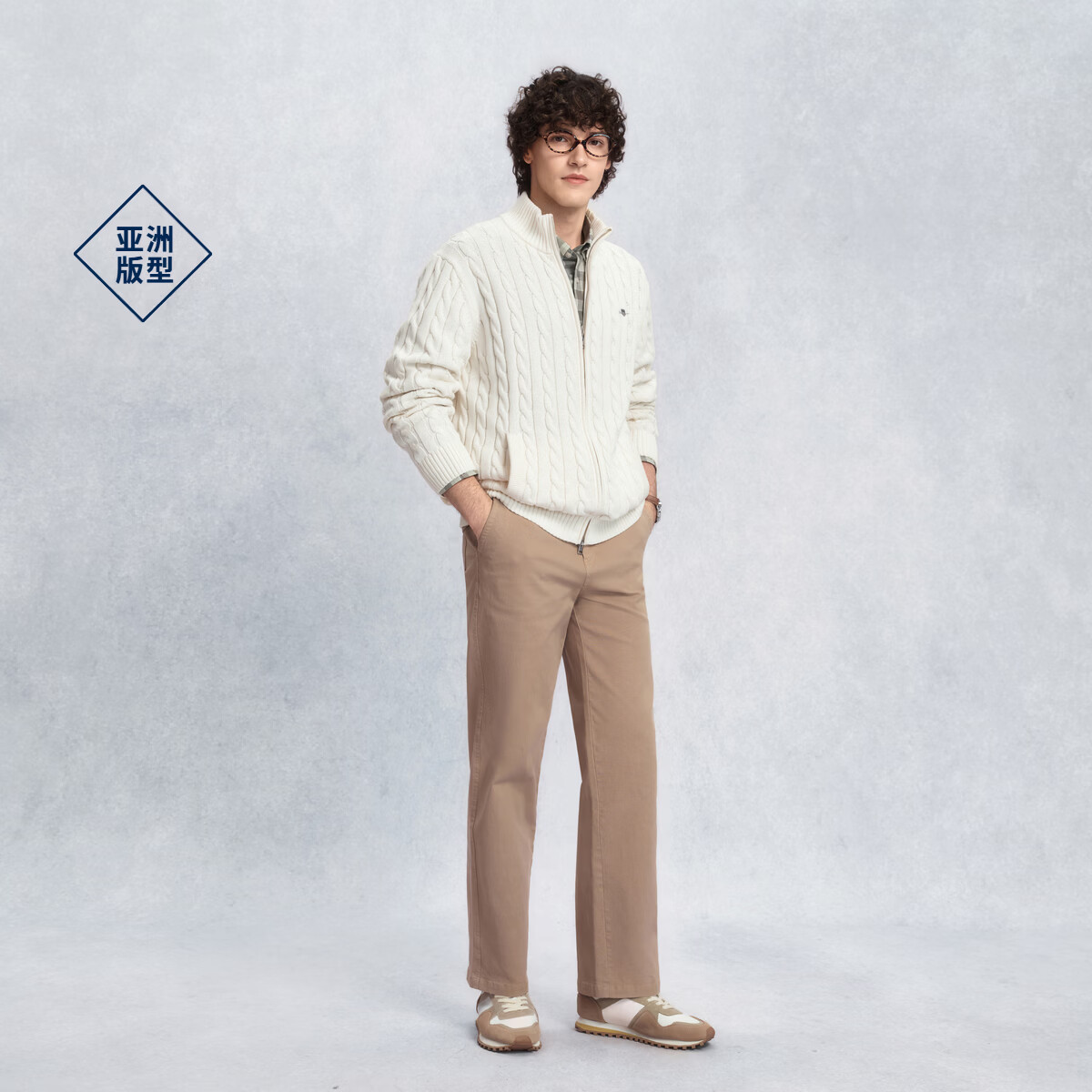 GANT/甘特26春夏男士纯棉双开尾拉链立领纯色绞花美式休闲针织衫 433-藏蓝色 L