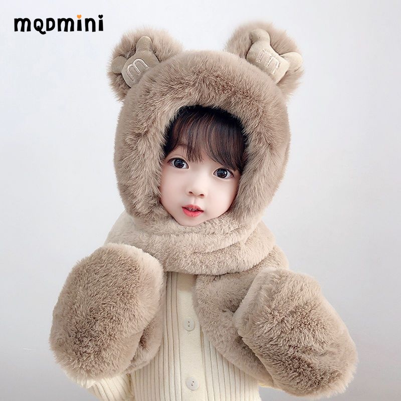 MQDMINI儿童帽子围巾手套口罩一体2025新款小女孩加厚毛绒帽保暖冬季女童 *深卡/三件套 儿童款建议2-7岁