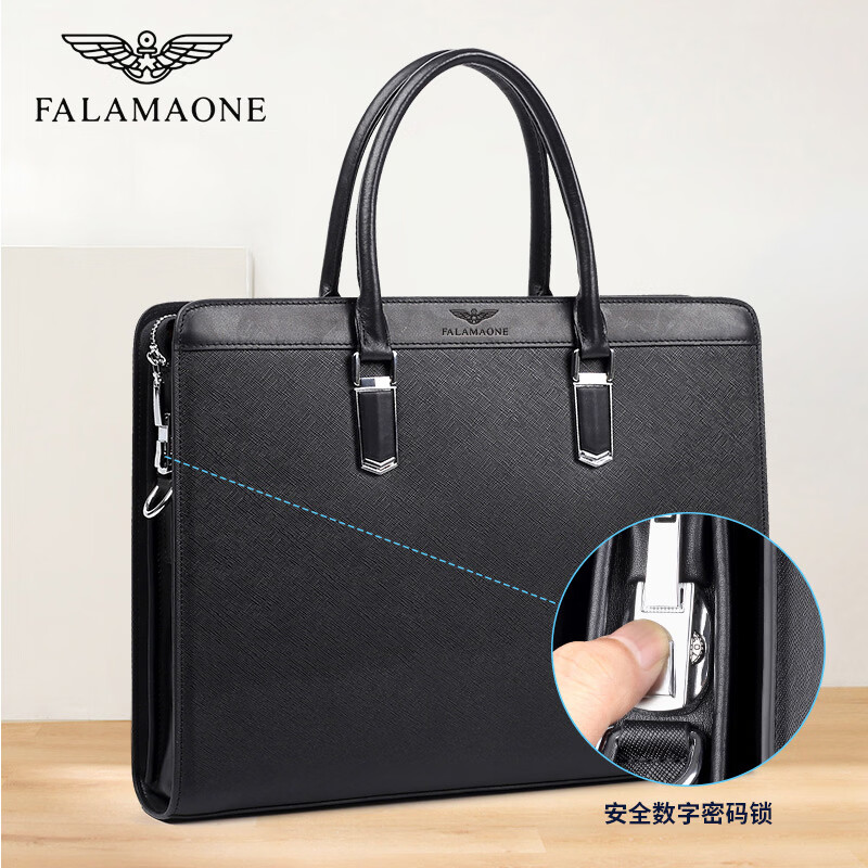 FALAMAONE商务公文包电脑大气手提包高端通勤包男士大容量 黑色中包 中包14英寸