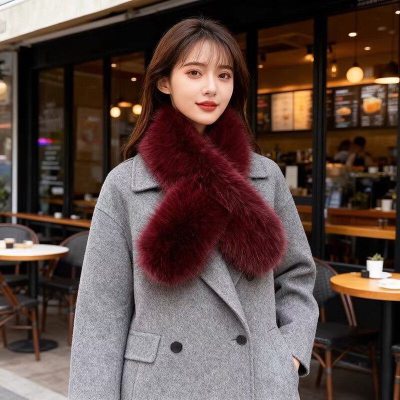 双面毛毛围巾女冬季新款时尚百搭毛绒绒护颈仿狐狸毛保暖毛领围脖 酒红色加厚毛绒围巾