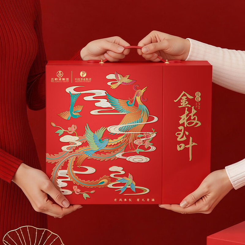 五粮浓香百鸟朝凤 金支玉液金装版礼盒  五粮液股份川红联名款 浓香型白酒 52度 500mL 1瓶 +五粮液川红集团红茶60g