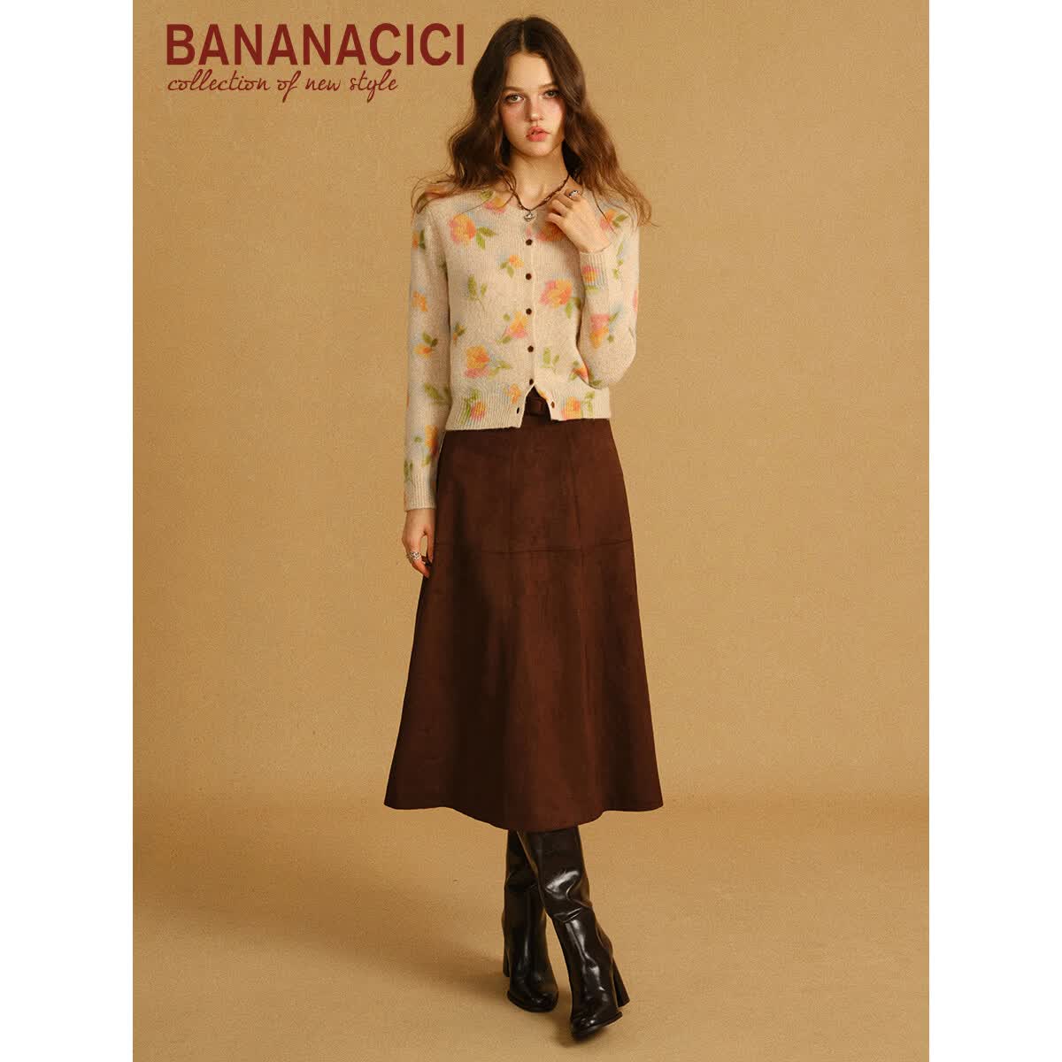 banana cici2026年春季新款天丝羊驼羊毛花卉圆领长袖针织开衫C2S1MY506 杏色 L