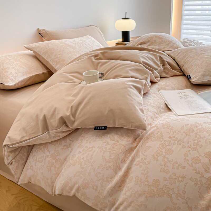 水星家纺床上四件套纯棉磨毛被套被罩加厚床单笠款三件套轻奢床品 韵绣 床笠款 1.8m四件套