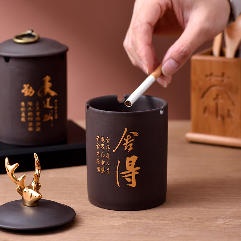 【工厂直发】紫砂带盖烟灰缸家用客厅摆件防风防飞灰密封大号多功 紫砂【宁静致远】麋鹿盖