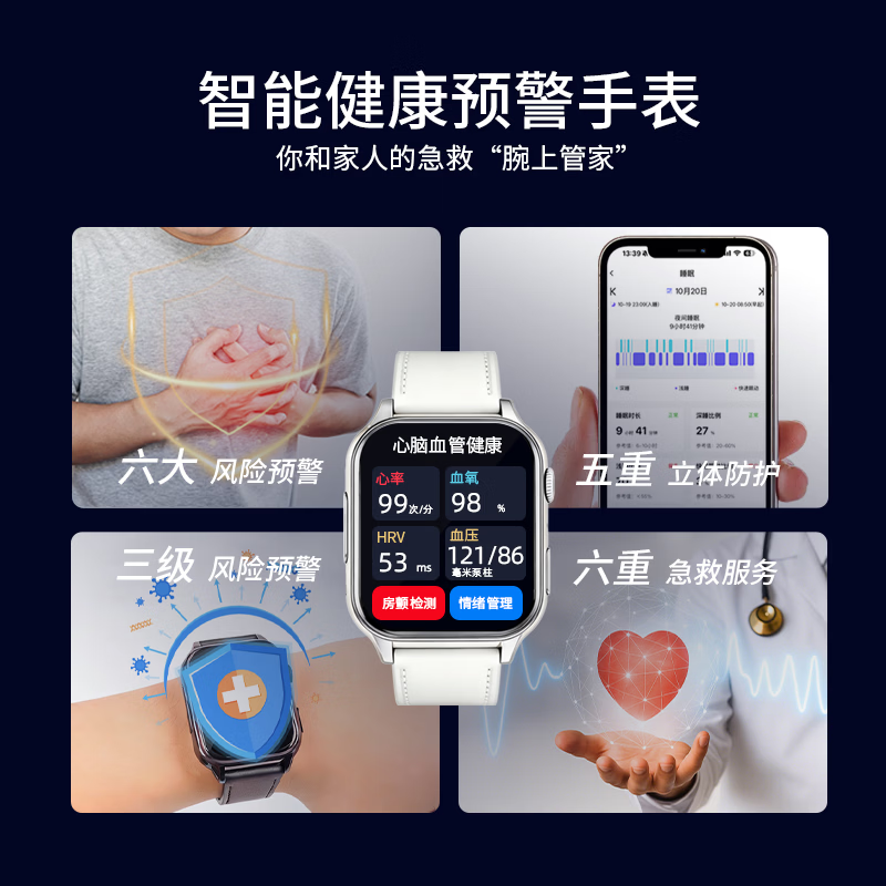 颐初健康预警手表X6系列 心脑梗肿瘤人体器官肺炎心律高血压血脂血氧无创测心率健康检测送礼老人 X6健康预警尊享版-冰原银