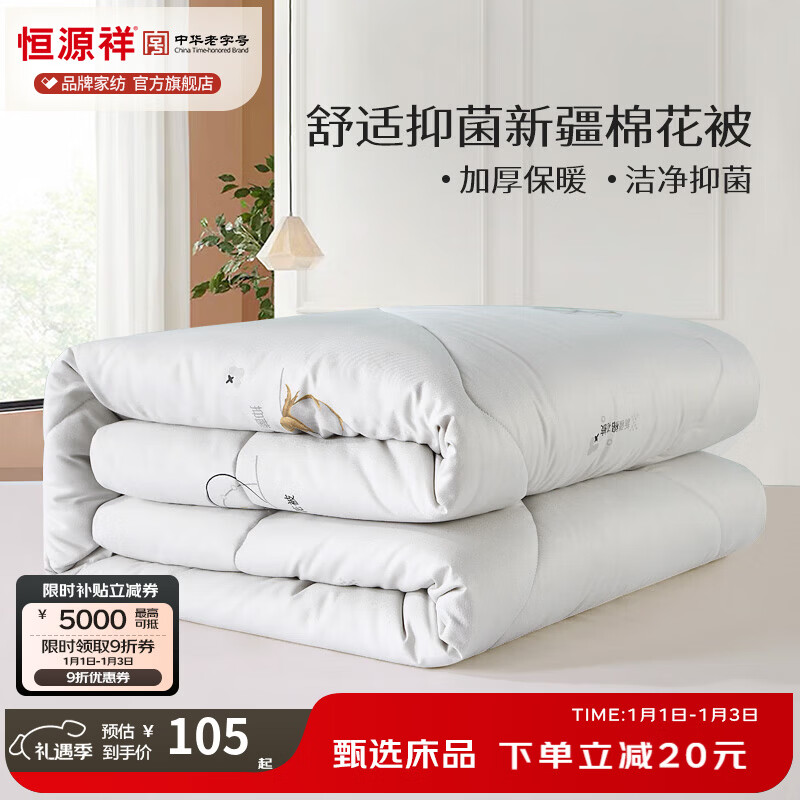 恒源祥 棉被子 新疆棉花被子抗菌学生宿舍单双人春秋被保暖加厚冬被芯 抗菌棉花被-灰色【升级款】 200*230cm 10斤