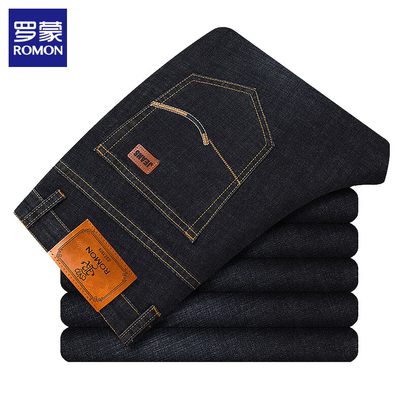 罗蒙（ROMON）牛仔裤男2025秋冬季新款商务休闲保暖加绒厚款男士宽松直筒长裤子 蓝黑 常规 33