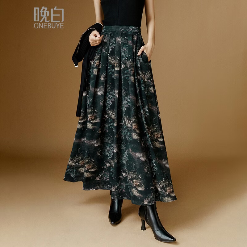 晚白【新品】2026年春款时尚复古文艺风长裙雪纺印花减龄大摆半身裙 花色 XL