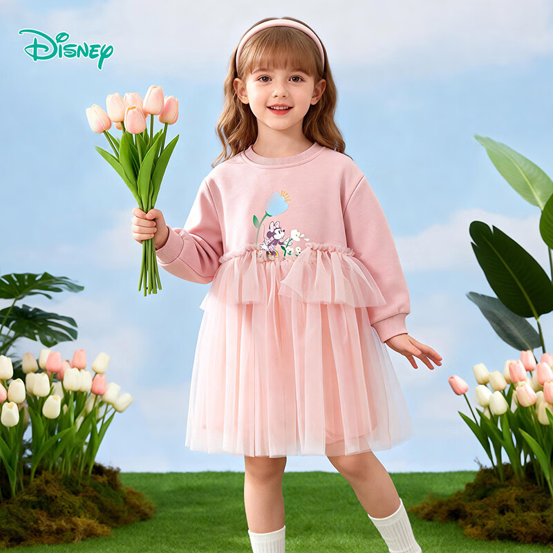 迪士尼（Disney）女童长袖连衣裙甜美休闲外穿拼接卫衣网纱连衣裙2026春季新款裙装 浅粉色 110 （建议3-4岁身高100-110cm)
