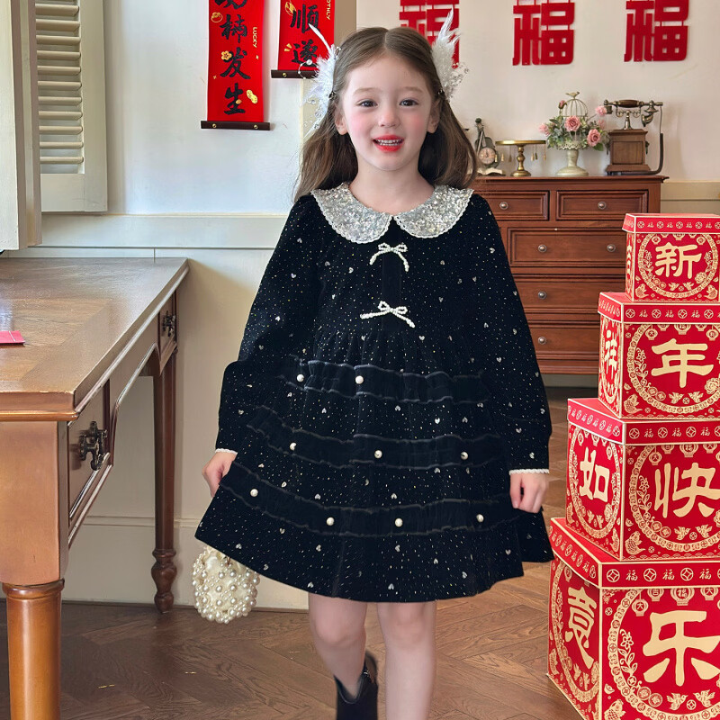 栀了成长记女童装法式气质连衣裙2025冬季儿童亮片娃娃领加绒裙子 黑色 连衣裙 100 cm