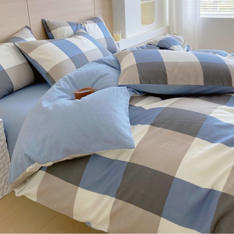 无印良品简约全棉床品四件套纯棉100%裸睡高级床单被罩套床笠款床上三件套 蓝大格【100%全棉 亲肤裸睡】 1.5m 床笠款 四件套-被套200*230cm