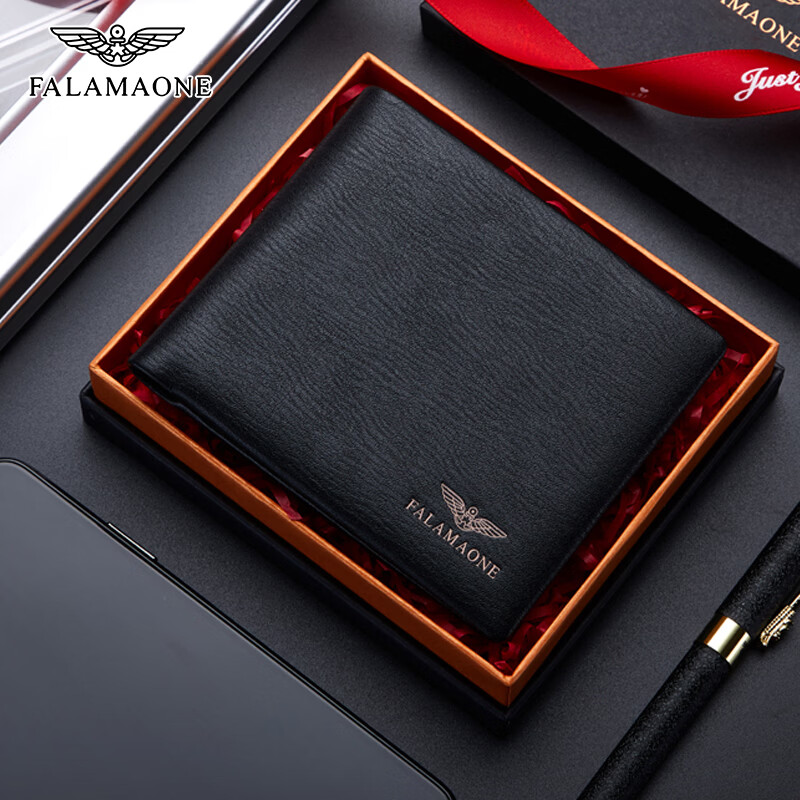 FALAMAONE法莱阿玛尼品牌钱包男士真皮短款头层牛皮情人节生日礼物送老公 头层牛皮204-1【实木礼盒】 代写贺卡打印照片联系客服