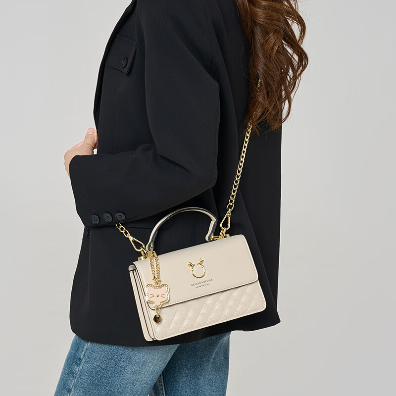 纪诗哲（GIEVSZHE）包包女包2026年新款轻奢侈女士单肩斜挎包情人节生日礼物送女友 米白色【2026新款/猫咪挂件】