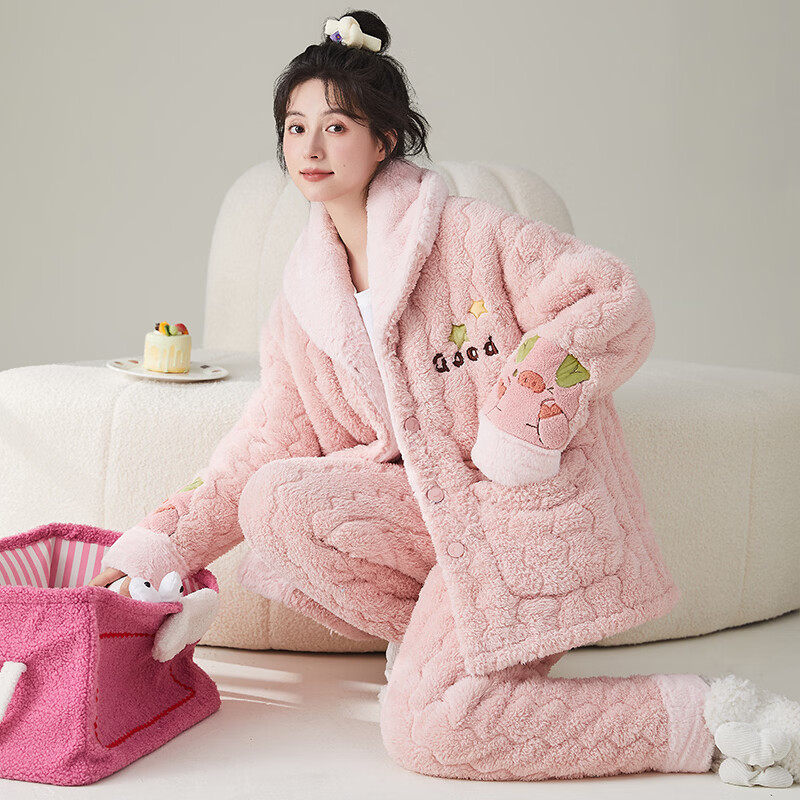 缪黛 MAULTIAY珊瑚绒冬季睡衣女保暖加厚加绒三层夹棉袄秋冬款套装法兰绒家居服 限时秒杀 《少量现货》 M