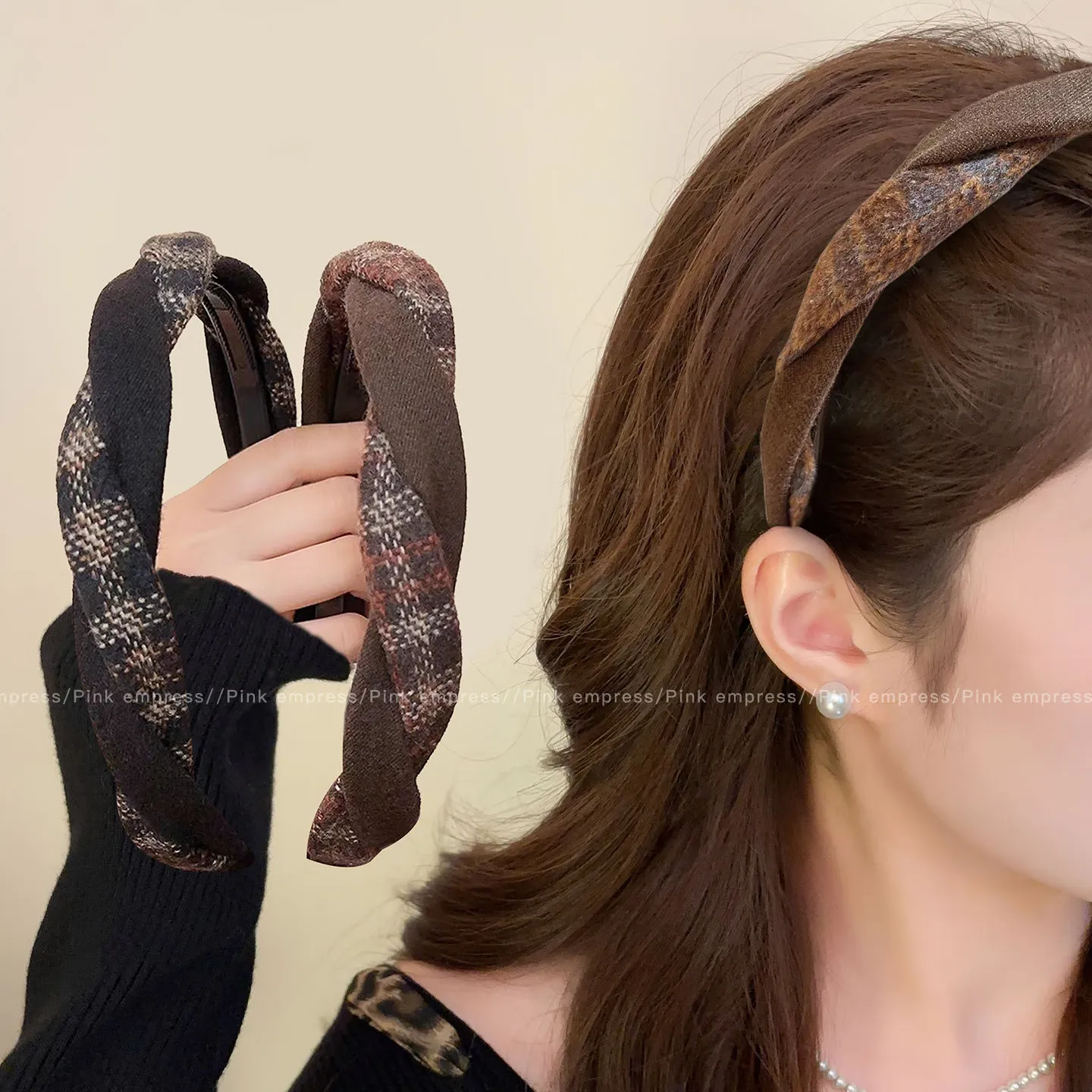 【厂家直发】秋冬麻花发箍女高颅顶洗脸头箍不勒头头饰发捆日常外 6#棕斜纹+黑斜纹-2件